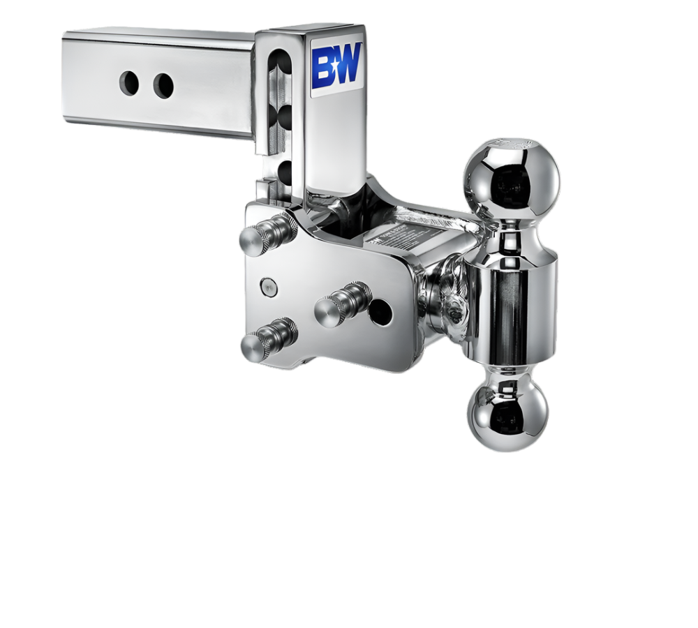 B&W Trailer Hitches TS20037C Trailer Hitch Ball Mount; Tow & Stow Model 8; Class V; Fits 2-1/2 Inch Receiver; 14500 Pound GTW/ 1450 Pound TW; 5 Inch Drop/ 4-1/2 Inch Rise; Dual Ball 2 Inch (7500 Pounds) and 2-5/16 Inch (14500 Pounds); Chrome