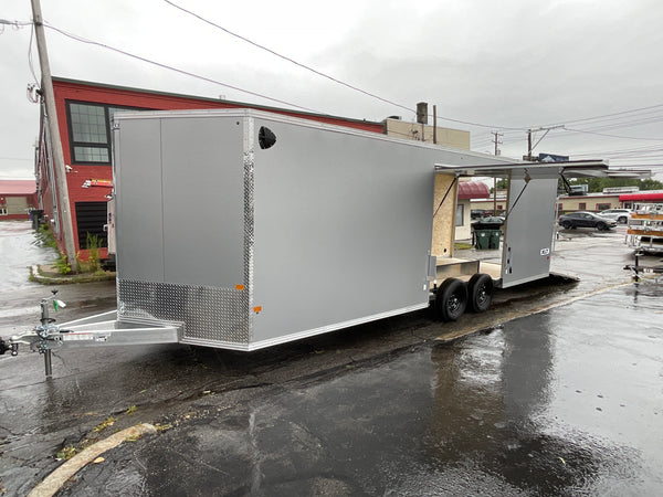 8.5' x 24' Xpress XLT Pro Series Enclosed Car Hauler - Silver – Extended Tongue, Composite Roof, Canopy & Elite Escape Door - 4-Year Limited Warranty