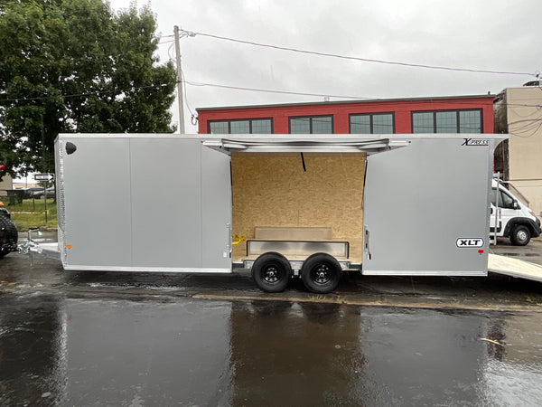 8.5' x 24' Xpress XLT Pro Series Enclosed Car Hauler - Silver – Extended Tongue, Composite Roof, Canopy & Elite Escape Door - 4-Year Limited Warranty