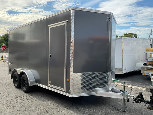 Xpress Aluminmum Enclosed Cargo Trailer 7'x16' Charcoal RAMP, 7' Interior Height, Composite Exterior Panels, Translucent Roof, Rear Door Canopy, 4 Year Warranty Xpress Trailers