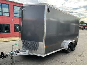 Xpress Aluminmum Enclosed Cargo Trailer 7'x16' Charcoal RAMP, 7' Interior Height, Composite Exterior Panels, Translucent Roof, Rear Door Canopy, 4 Year Warranty Xpress Trailers