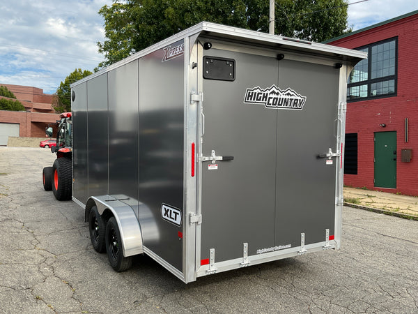 Xpress Aluminmum Enclosed Cargo Trailer 7'x16' Charcoal RAMP, 7' Interior Height, Composite Exterior Panels, Translucent Roof, Rear Door Canopy, 4 Year Warranty Xpress Trailers