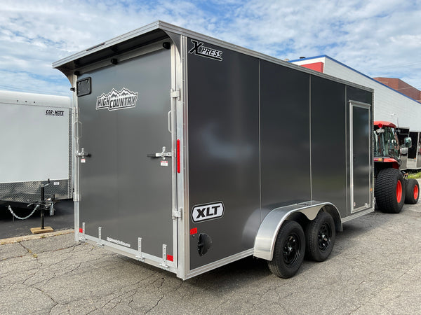 Xpress Aluminmum Enclosed Cargo Trailer 7'x16' Charcoal RAMP, 7' Interior Height, Composite Exterior Panels, Translucent Roof, Rear Door Canopy, 4 Year Warranty Xpress Trailers