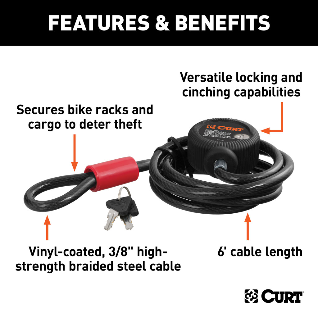 CURT Multi-Use Cable Lock (6′ x 3/8″ Cable, Vinyl-Coated Braided Steel)  #23666 Ron's Toy Shop, Inc.